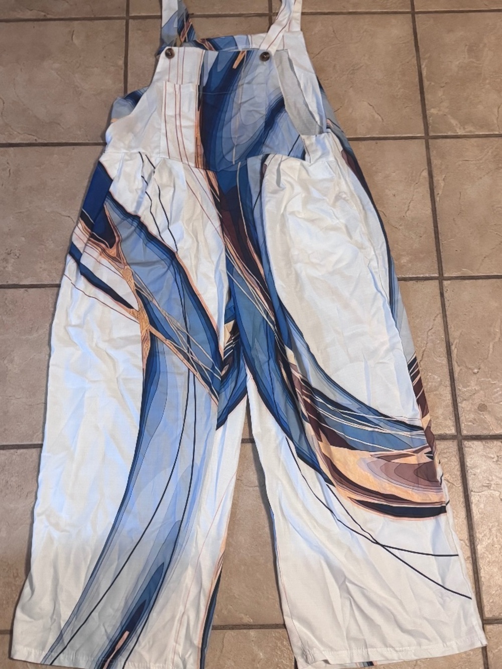 Women's Medium Bibs Light Weight White & Blue Colorful With Pockets Wide Leg